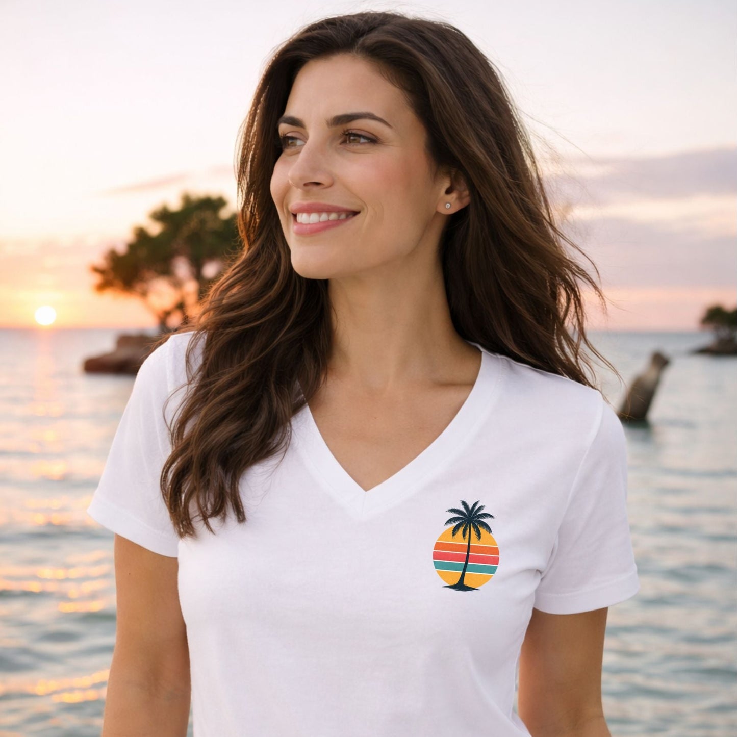 Single Palm at Sunset – Women’s Premier Coastal V-Neck