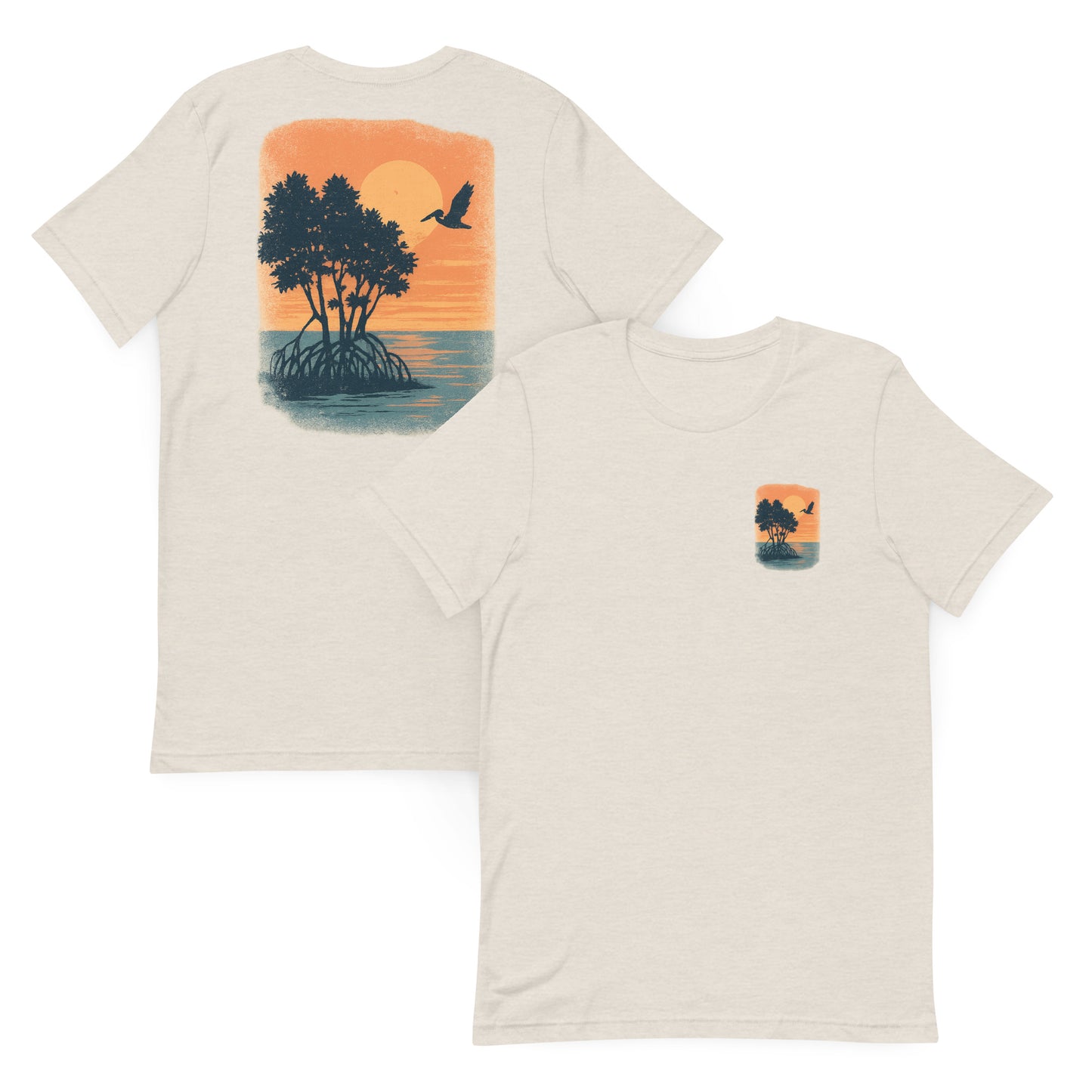 Pelican Over Golden Mangrove  The Everyday Coastal Tee (Unisex Crew Neck)