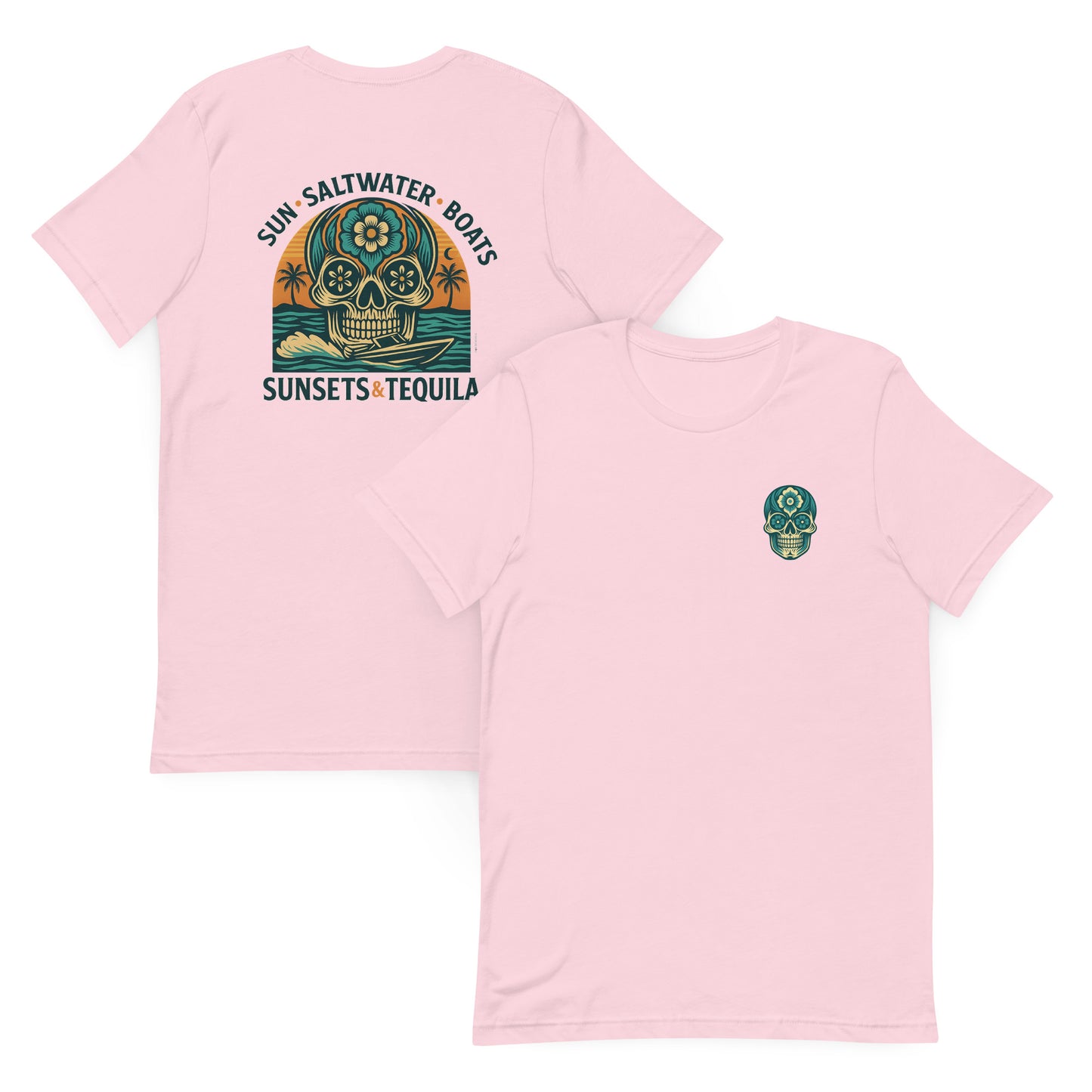 Sun, Saltwater, Boats, Sunsets & Tequila (Sunset Edition) – The Everyday Coastal Tee (Unisex Crew Neck)