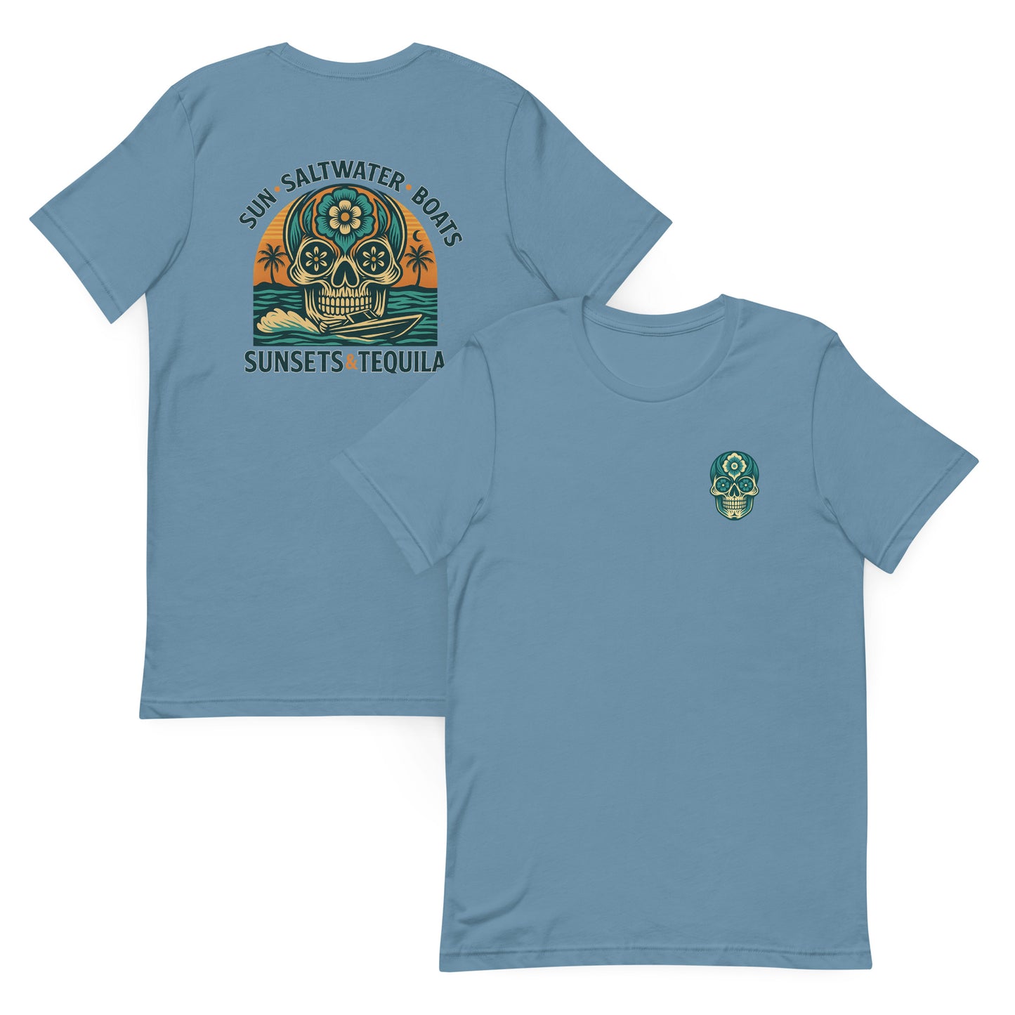Sun, Saltwater, Boats, Sunsets & Tequila (Sunset Edition) – The Everyday Coastal Tee (Unisex Crew Neck)