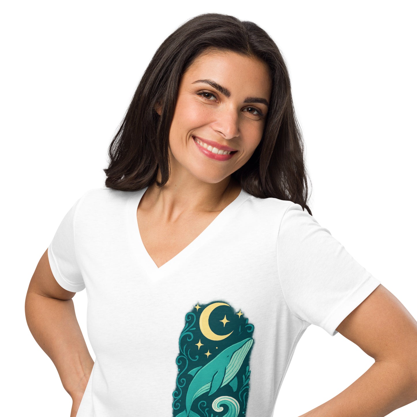 Moonlit Whale Dreams - Women’s Whimsical Coastal V-Neck