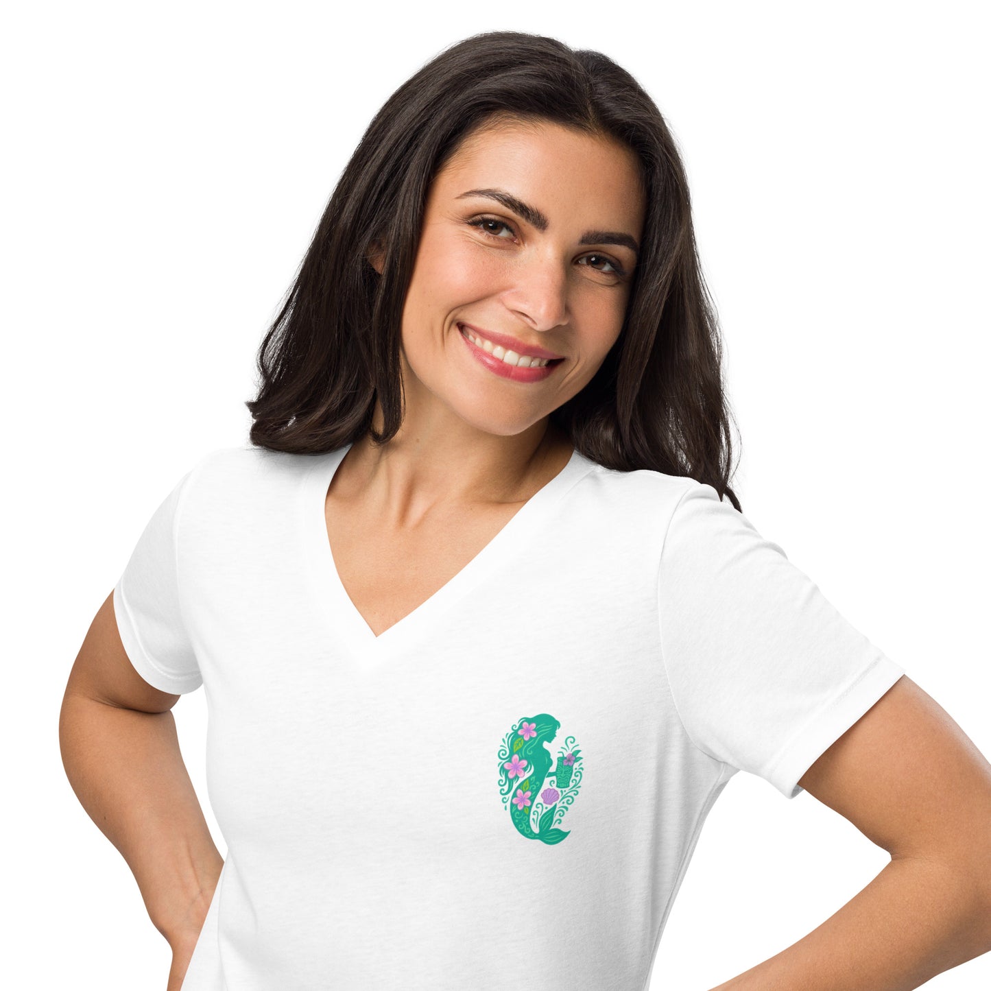 Tropical Mermaid in Bloom - Women’s Whimsical Coastal V-Neck