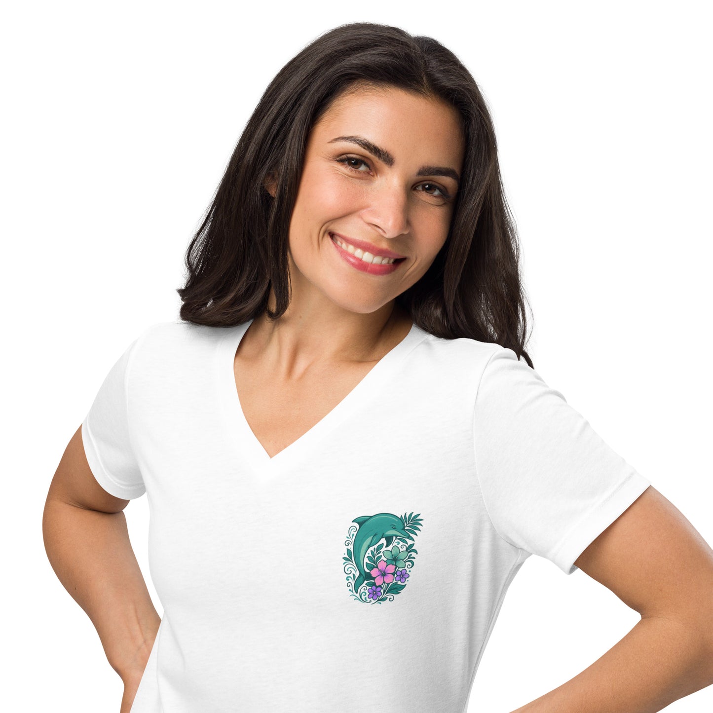 Tropical Dolphin Bloom - Women’s Whimsical Coastal V-Neck