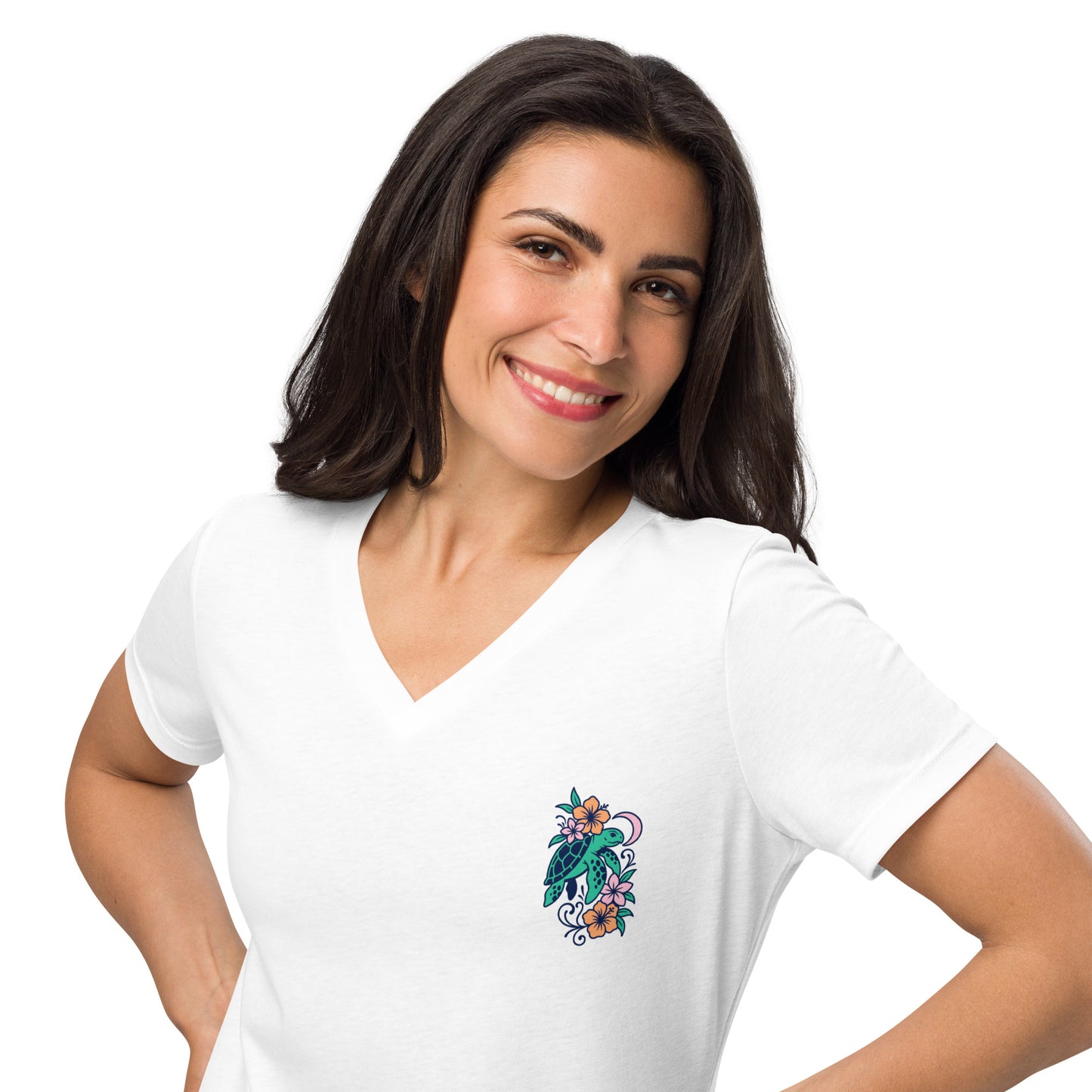 Sea Turtle in Bloom - Women’s Whimsical Coastal V-Neck