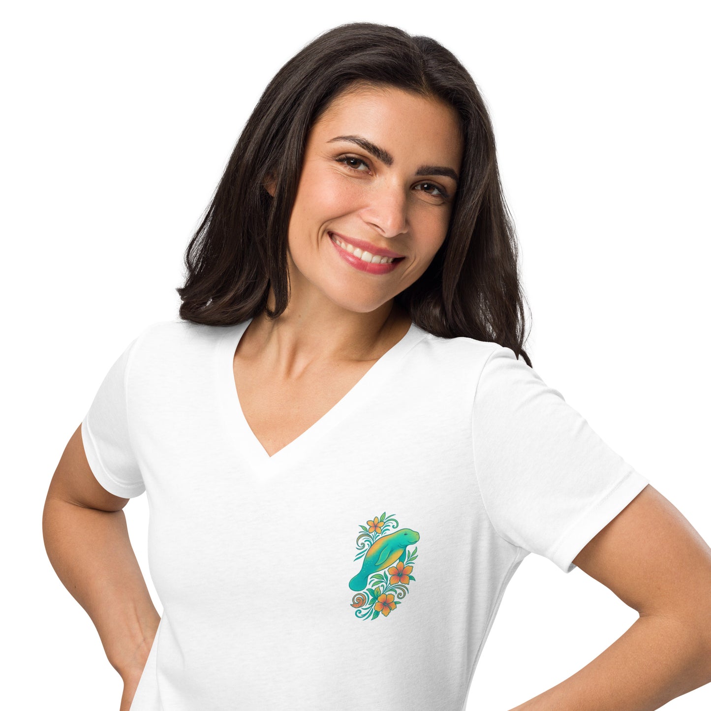 Manatee in Bloom - Women’s Whimsical Coastal V-Neck
